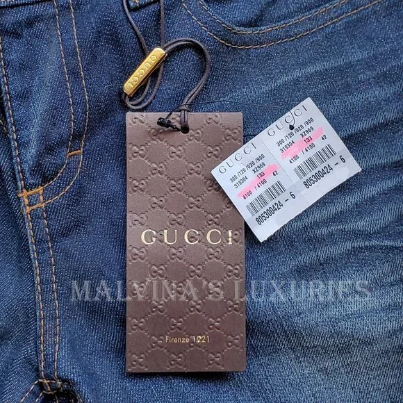 GUCCI JEANS FLARED DENIM PANTS w INTERLOCKING G LOGO CHAIN HARDWARE sz 42 / US 6 - Picture 12 of 14